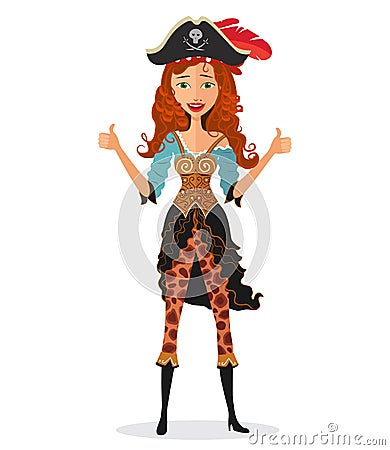 Young confident pirate lady approving something. Smiling pirate woman showing thumbs up isolated on a white background - vector il Vector Illustration