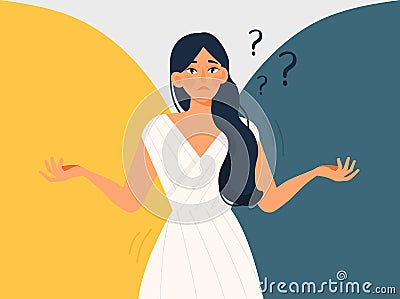 Young confused female character is standing and choosing between two colors on colorful background Vector Illustration