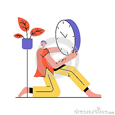 Young contemporary worker holding big clock and checking time, ready for work Vector Illustration