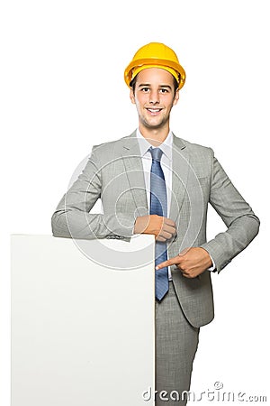 Young contractor pointing at whiteboard Stock Photo