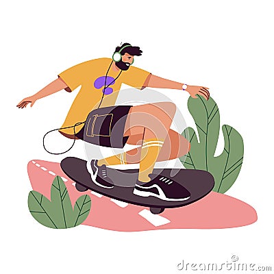 Young cool skater riding skateboard. Active happy man on skate board with music in headphones. Fast skateboarder on road Vector Illustration