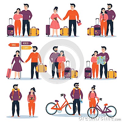 Young cople with bicycle, map bag ready for travel Cartoon Illustration