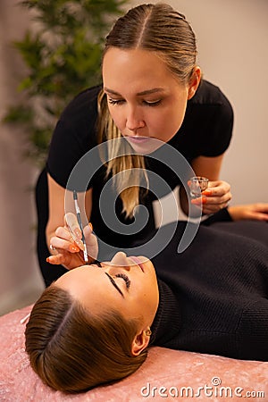 Young Cosmetologist Applying Dye On Female Client's Eyebrow Stock Photo