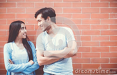 Young couple asian attractive looking face and smiling. Stock Photo