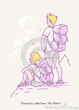 Young couple with backpacks watch the sunrise on the horizon while standing on the mountain. Line illustration Stock Photo