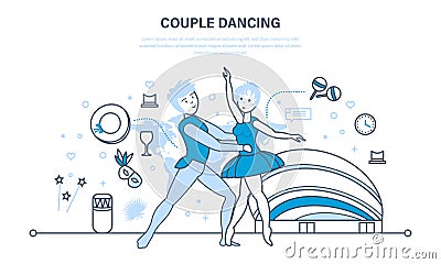 Young couple in beautiful clothes, sensual dance of delicate ballet. Vector Illustration