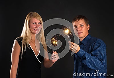 Young couple with Bengal fire Stock Photo