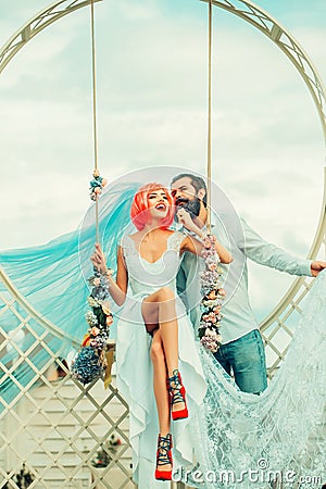 Young couple of bride woman and bearded man Stock Photo