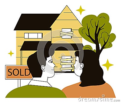 Young couple buy an old house. Woman and man repairing a building, Vector Illustration