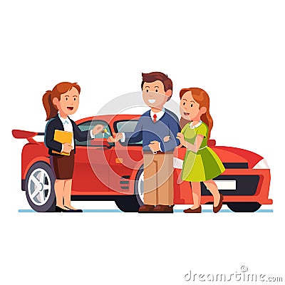 Young couple buying or renting new red car Vector Illustration