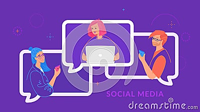 Young couple chatting and texting together in social media using laptop and smartphone Vector Illustration