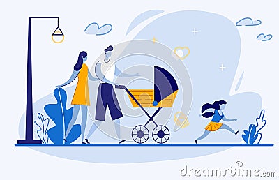 Young Couple with Children in Summer City Park Vector Illustration
