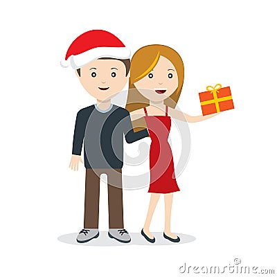 Young couple with Chrismas gift flat characters Vector Illustration