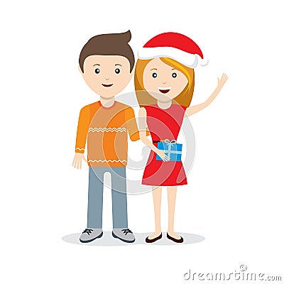 Young couple with Christmas gift flat characters Vector Illustration