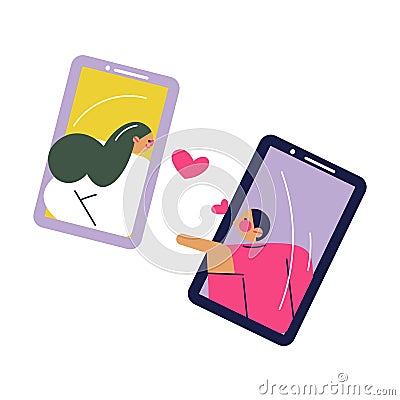 Young couple communicating and dating online on smartphones Vector Illustration