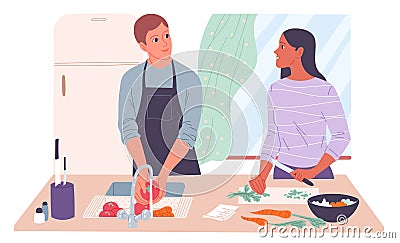 Young couple cooking at home. The man washes the vegetables, the woman cuts them. Vector Illustration