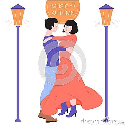 Young couple is dancing in a dance. Vector Illustration