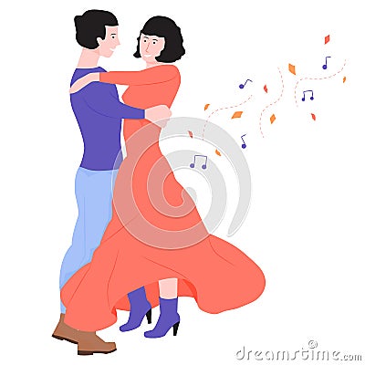 Young couple is dancing in a dance. Vector Illustration