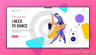 Young Couple Dancing Swing, Tango, Pop Landing Page. Night Club Disco Party with Male and Female Dancer Characters Vector Illustration