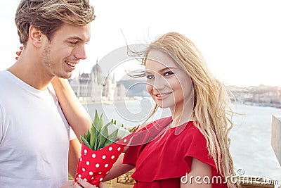 Young couple dating on Margaret Bridge at Budapest Stock Photo