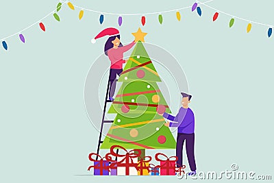 Woman and man preparing and decorates Christmas tree for holiday at home Vector Illustration