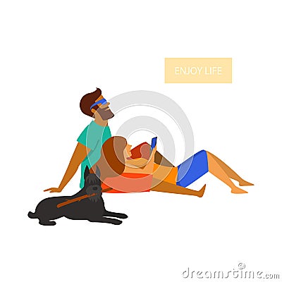 Young couple with a dog chilling together graphic Vector Illustration