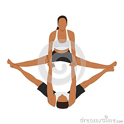 Young couple doing acro yoga. Acro yoga concept. Pair yoga. Yoga flexibility class workout Cartoon Illustration