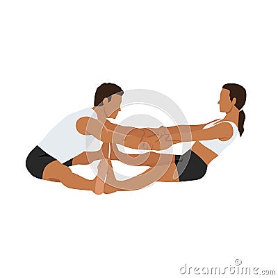 Young couple doing partner forward fold or Ardha Uttanasana yoga exercise Cartoon Illustration