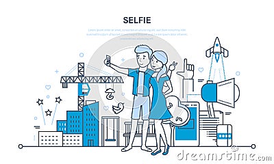 Young couple doing variety of fun photos in different conditions. Vector Illustration