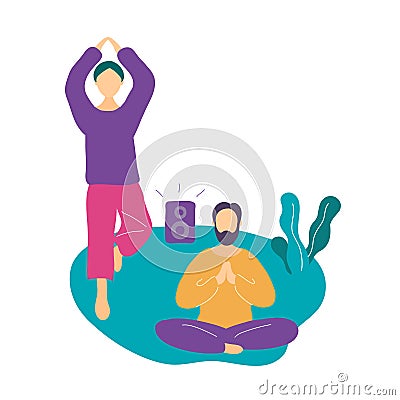 Couple doing yoga exercise and meditating in park Vector Illustration