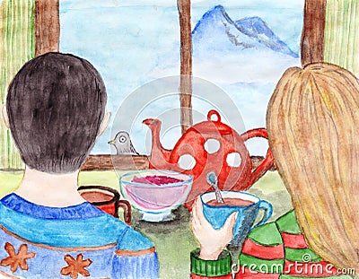 Young couple is drinking tea and looking through the window at the distant mountain. Stock Photo