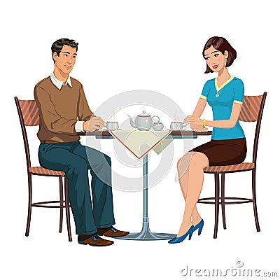 Young couple drinking tea at the table Vector Illustration