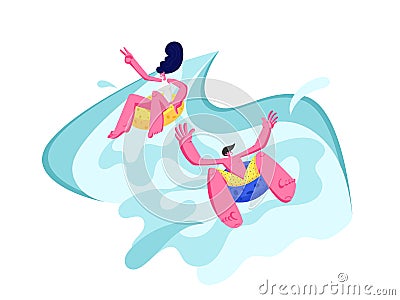 Young Couple Enjoying Summer Vacation in Waterpark Riding Floats and Laughing. Funny Excited Man and Woman Water Slide Vector Illustration