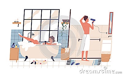 Young couple during everyday hygiene rituals in bathroom. Woman surfing internet in smartphone and lying in foamy bath Vector Illustration