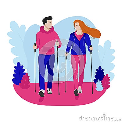 Young couple exercise Nordic walking in park Stock Photo