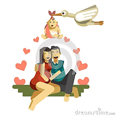 Young couple expecting baby birth vector flat design Vector Illustration