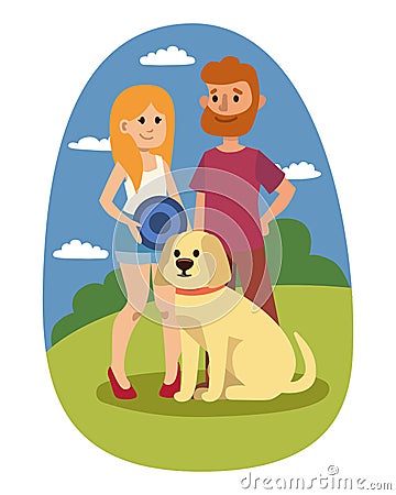 Young couple family resting summer happy lifestyle park outdoors together enjoying vacation, woman and adult man with Vector Illustration