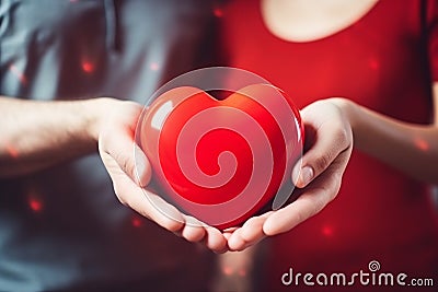 young couple hands hold red heart Stock Photo
