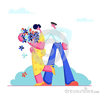 Young Couple Having Dating. Cute Embarrassed Girl in Yellow Dress Holding Bouquet of Flowers in Hands, Man Embracing Girlfriend Vector Illustration