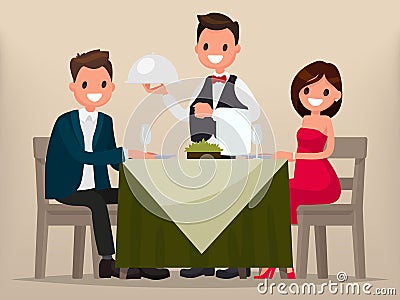 A young couple having dinner in a restaurant. Man and woman sitting at the table, the waiter brought a dish. Cartoon Illustration