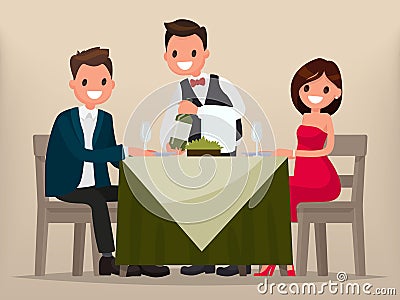 Young couple having dinner in a restaurant. Man and woman sitting at the table, the waiter shows the wine. Cartoon Illustration