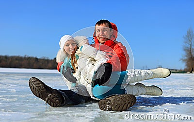 Young couple having fun on winter day Stock Photo