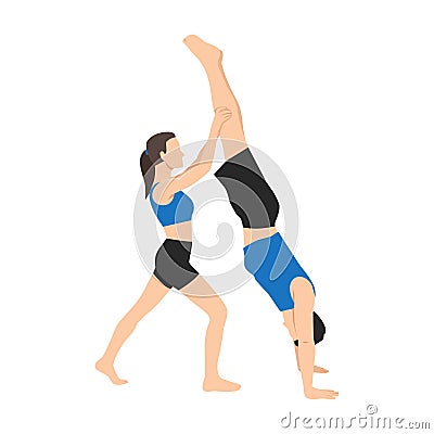 Young couple helping each other to practicing yoga. Woman helps a man doing handstand yoga exercise Vector Illustration