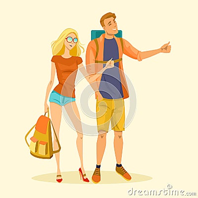 Young couple is hitchhiking Vector Illustration