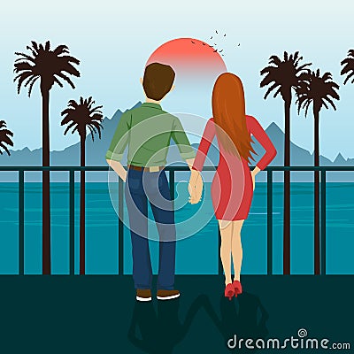 Young couple holding hands standing on seafront, looking at sunset. Mountains, sea, ocean, palm trees, seacoast Vector Illustration