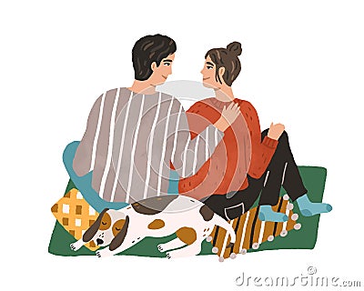 Young couple hugging and sitting on carpet. Happy man and woman spending winter leisure time together with pet at home Vector Illustration