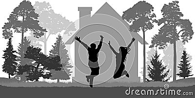 Young couple jumps near the house. Love, freedom, independence Vector Illustration