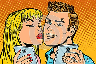 Young couple kiss selfie on smartphone Vector Illustration
