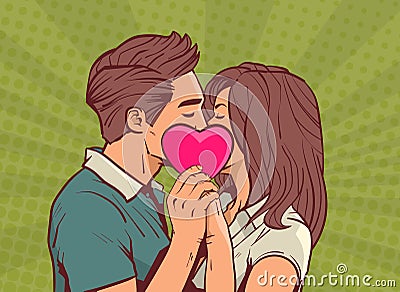 Young Couple Kissing Hollding Pink Heart Man And Woman In Love Over Comic Pop Art Style Valentine Day Celebration Vector Illustration