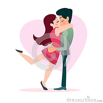 Young couple kissing infront of red heart for valentine's day Vector Illustration